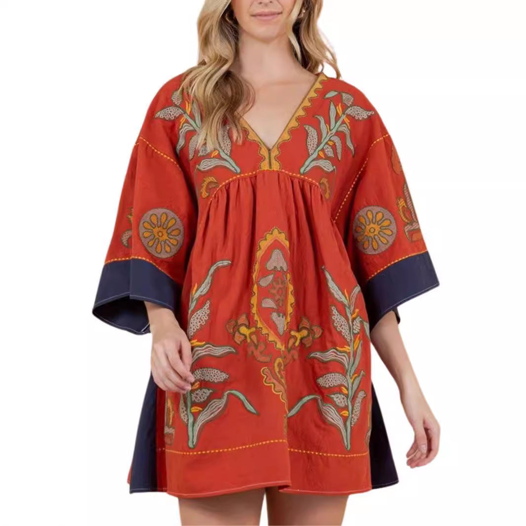 V-neck Bohemian Print Dress