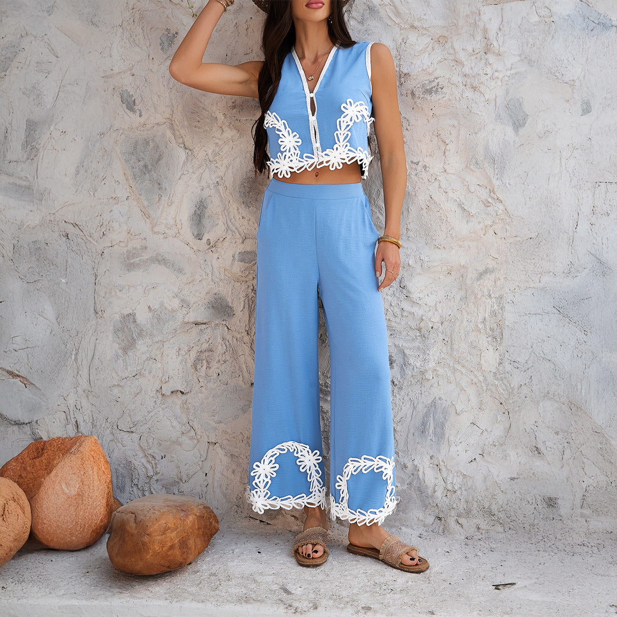 Leisure Vacation Style Geometric Contrast Suit