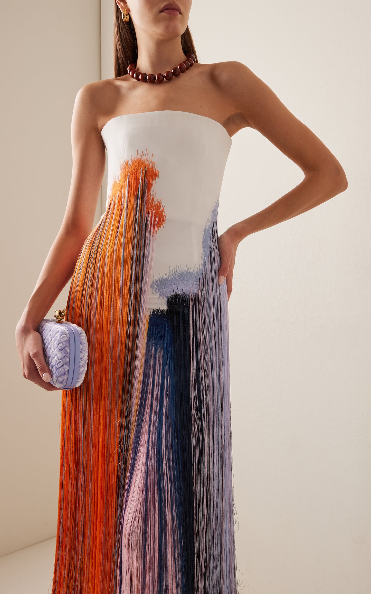 Fringed Crepe Strapless Midi Dress