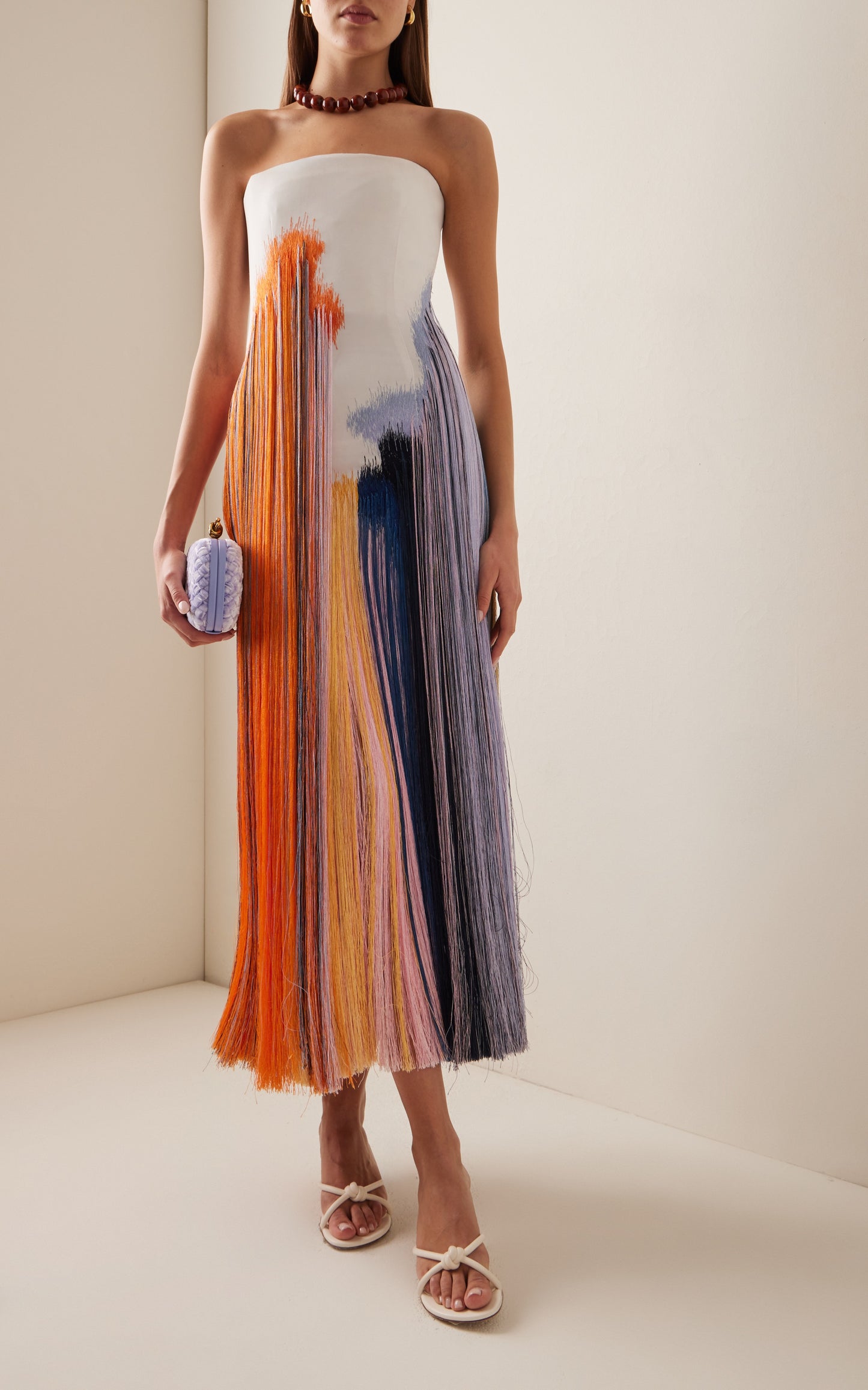 Fringed Crepe Strapless Midi Dress