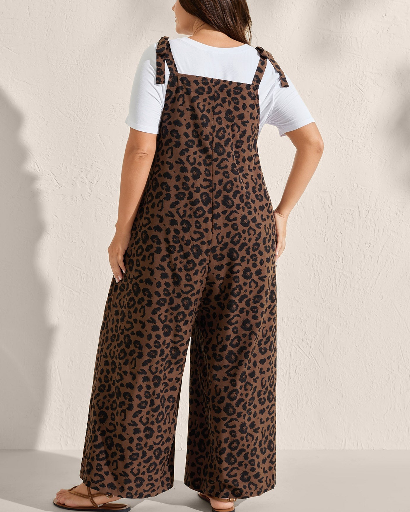 Leopard Print Shirred Shoulder Ties Jumpsuit