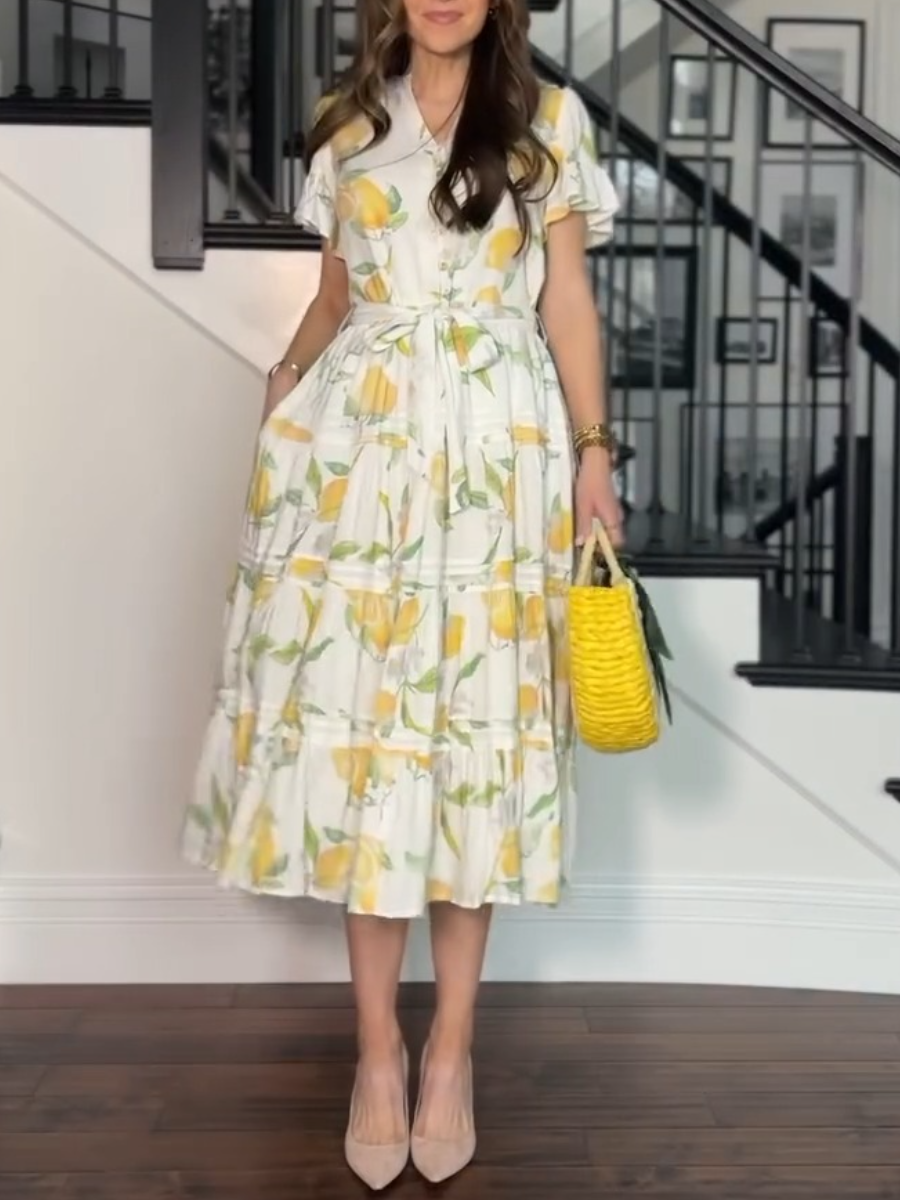 Yellow Printed V-neck MIDI Dress
