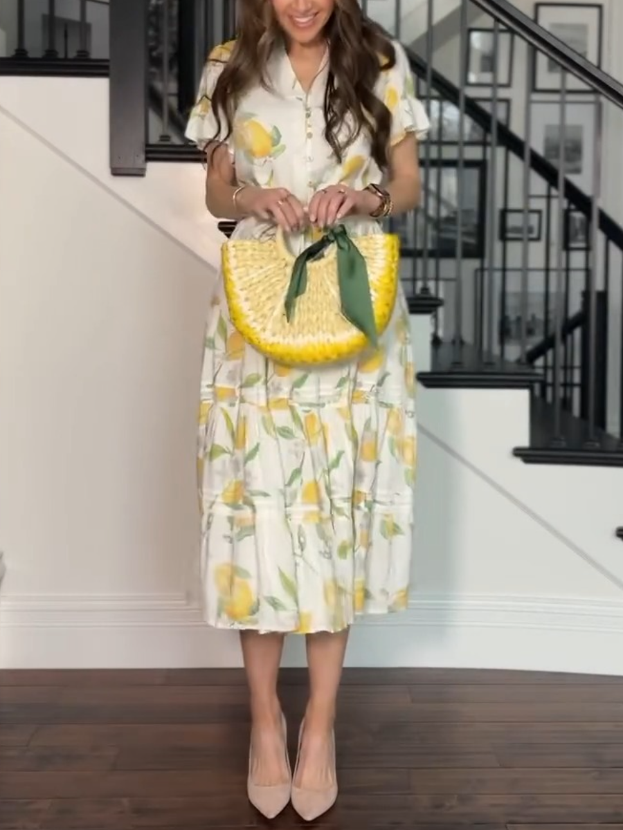Yellow Printed V-neck MIDI Dress