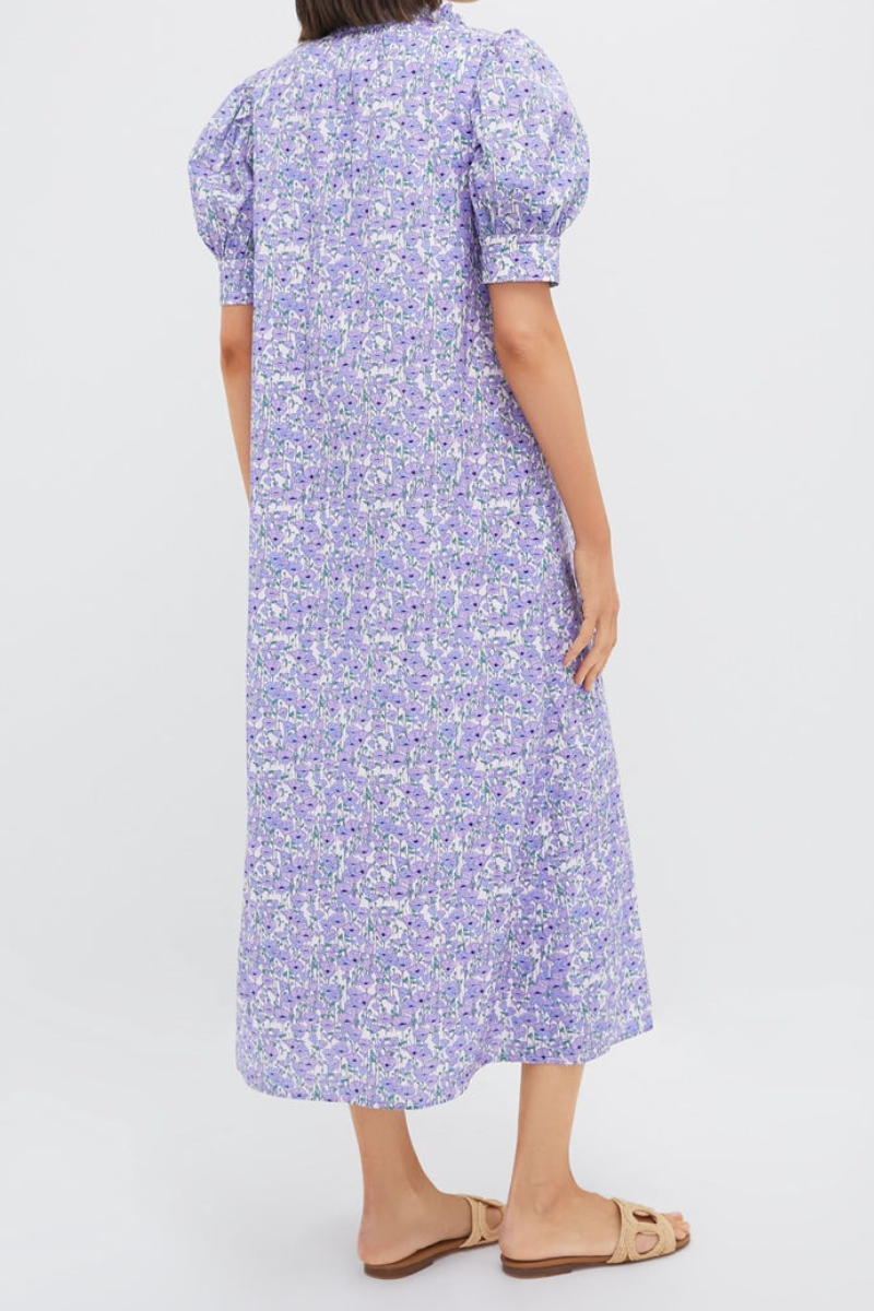 Purple Poppies Ruffle Collar Cotton Maxi Dress