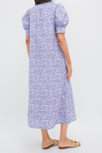Purple Poppies Ruffle Collar Cotton Maxi Dress