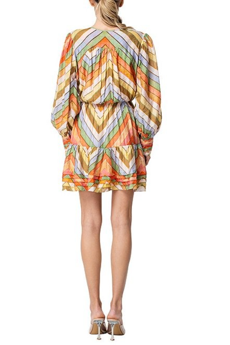 Chevron Stripe Split V-Neck Long Sleeve Mini Dress