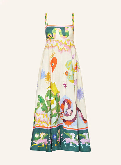 Strap Printing Large Swing Midi Dress