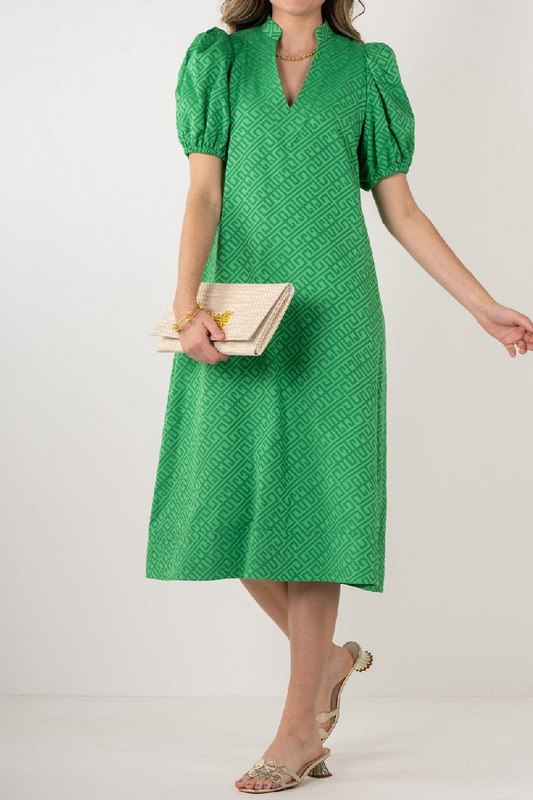 Puff Sleeves Side Pockets Midi Dress