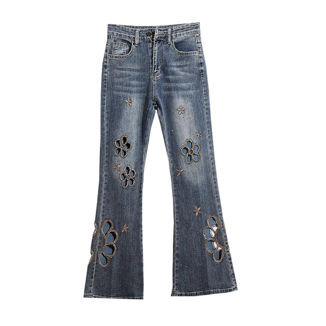 Embroidered Hollow Rhinestone Flared Pants