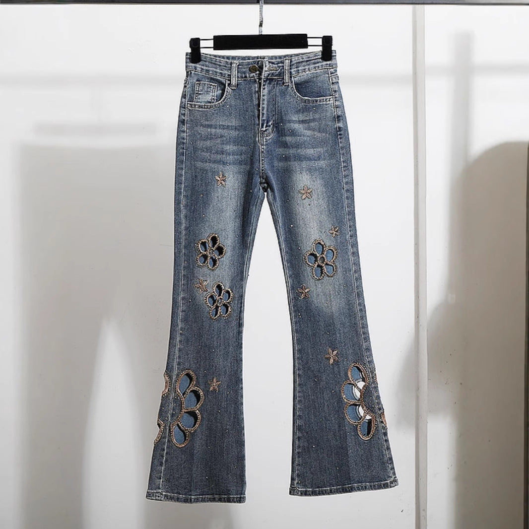 Embroidered Hollow Rhinestone Flared Pants