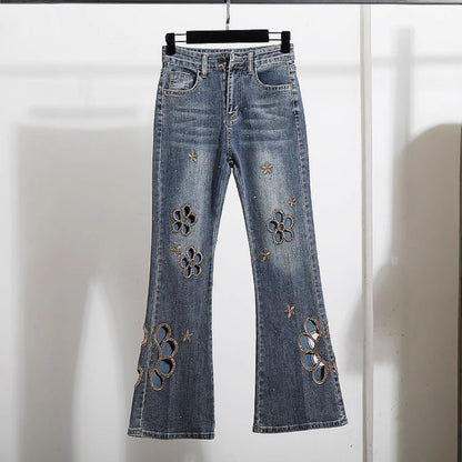 Embroidered Hollow Rhinestone Flared Pants