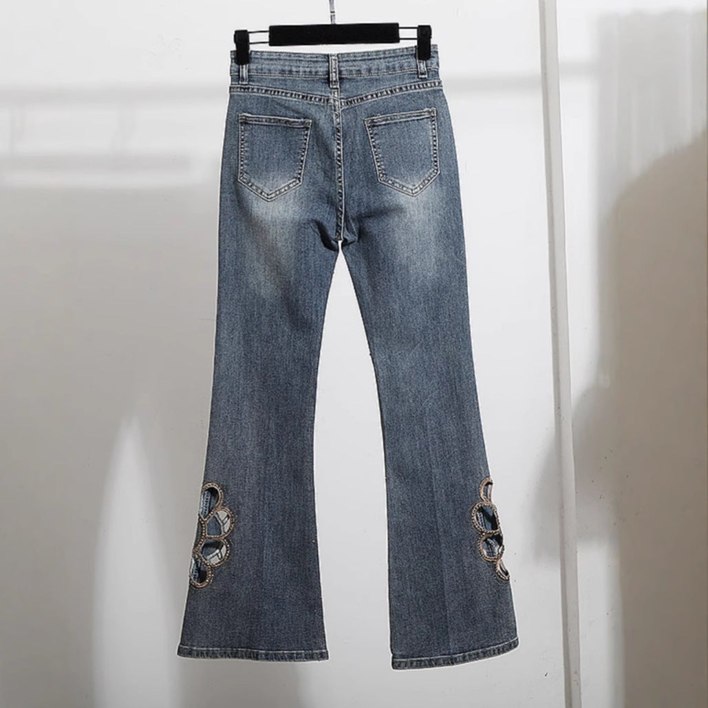 Embroidered Hollow Rhinestone Flared Pants
