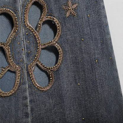 Embroidered Hollow Rhinestone Flared Pants
