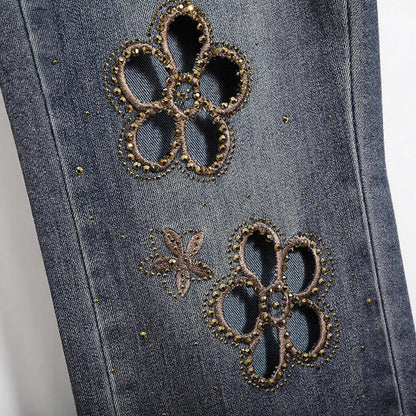 Embroidered Hollow Rhinestone Flared Pants