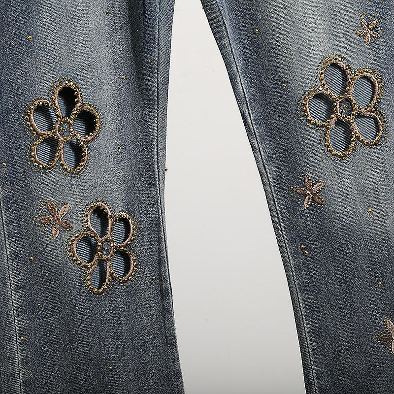 Embroidered Hollow Rhinestone Flared Pants