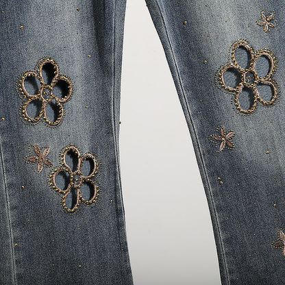 Embroidered Hollow Rhinestone Flared Pants