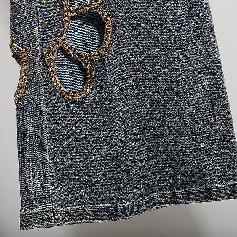 Embroidered Hollow Rhinestone Flared Pants