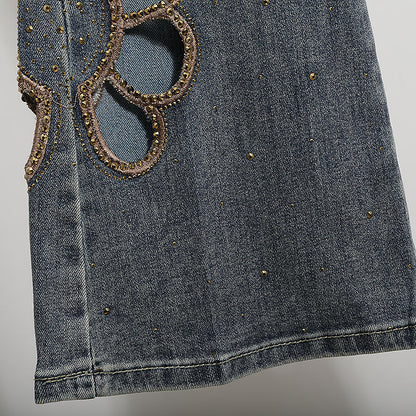 Embroidered Hollow Rhinestone Flared Pants