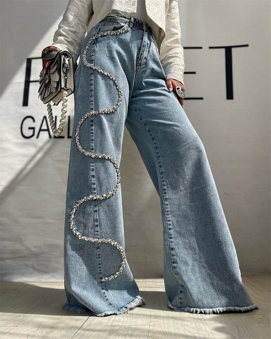 Trendy Rhinestone Straight Jeans