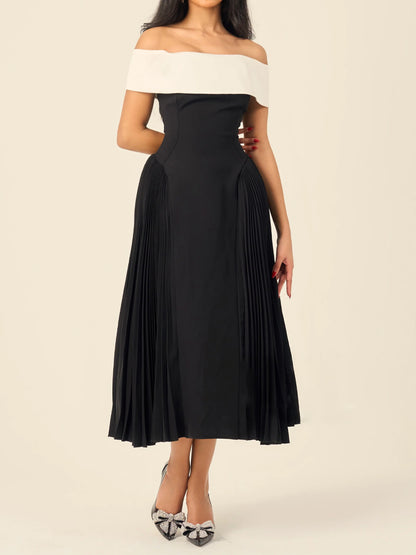 Off Shoulder Patchwork Pleated Dress