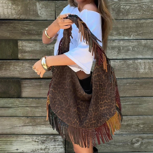 Vintage Leopard Print Tassel Shoulder Bag Large Capacity Tote Bag