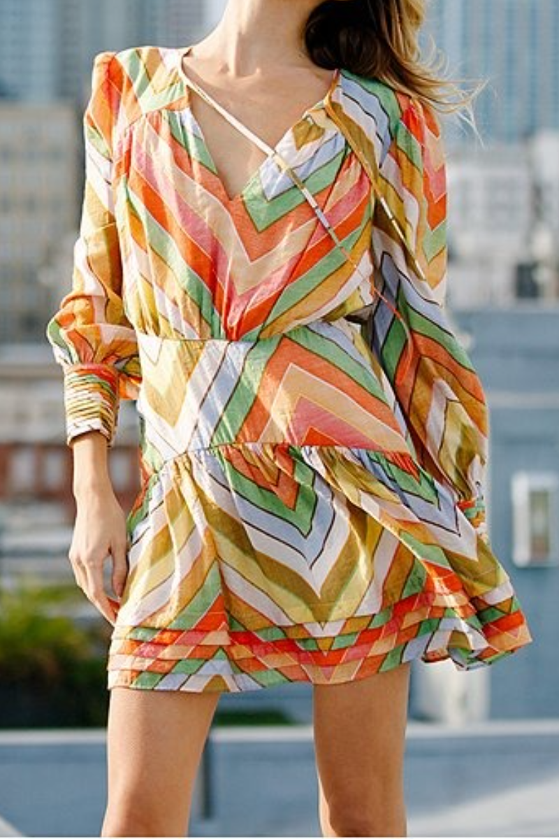 Chevron Stripe Split V-Neck Long Sleeve Mini Dress