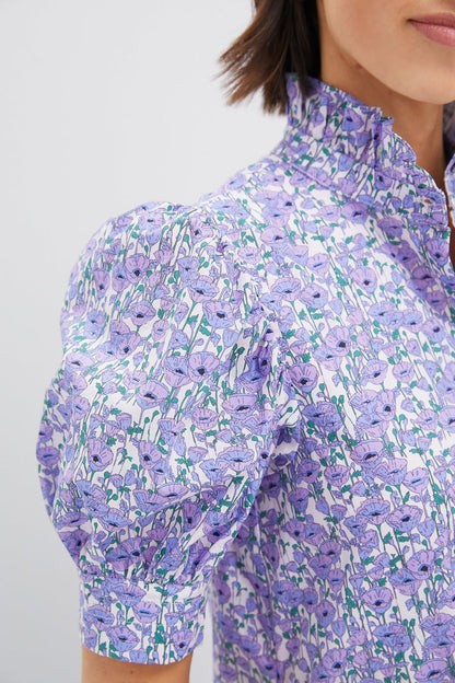Purple Poppies Ruffle Collar Cotton Maxi Dress