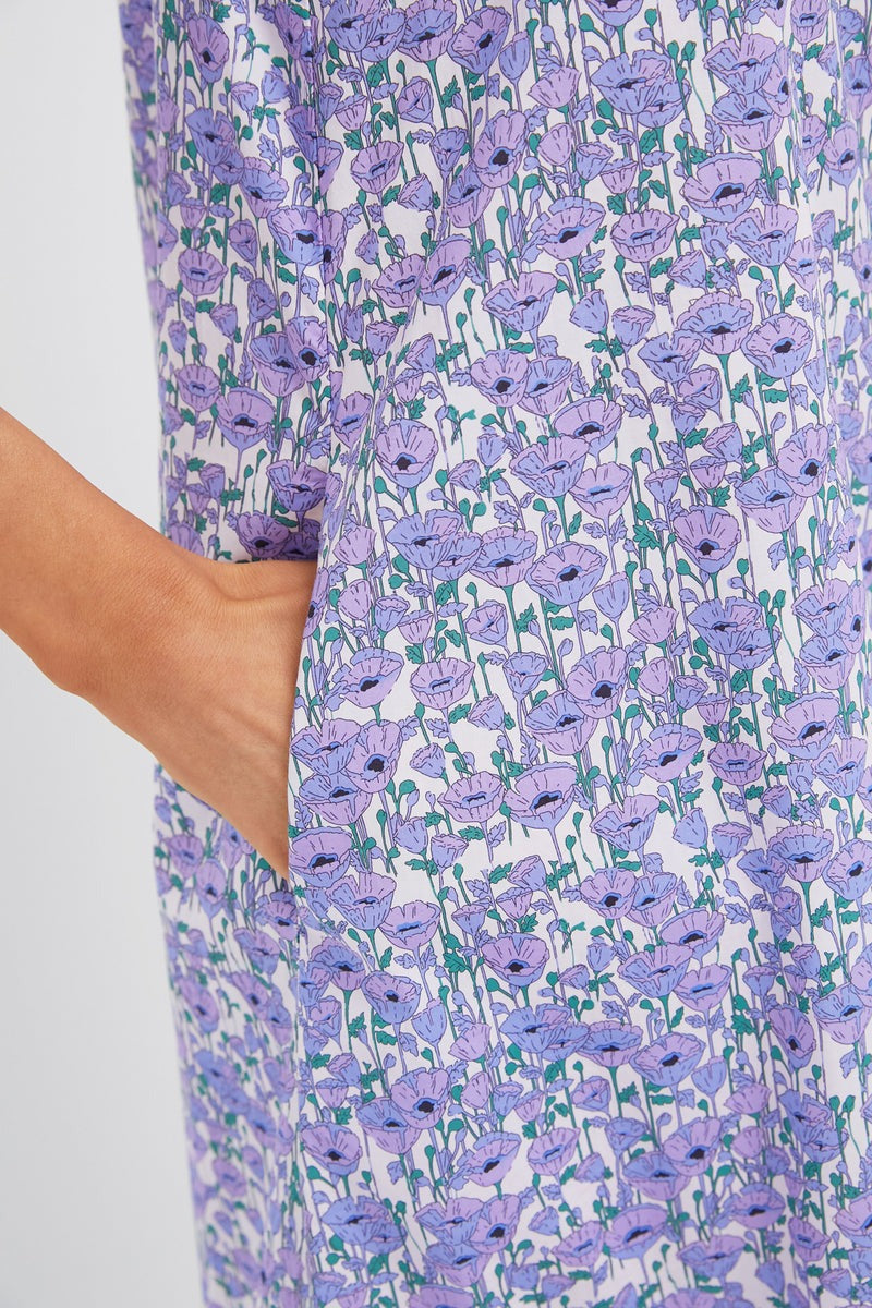 Purple Poppies Ruffle Collar Cotton Maxi Dress