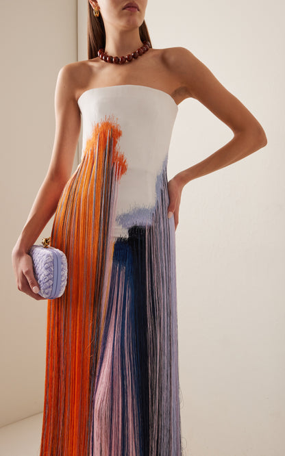 Fringed Crepe Strapless Midi Dress