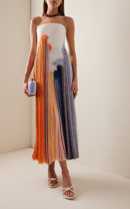 Fringed Crepe Strapless Midi Dress