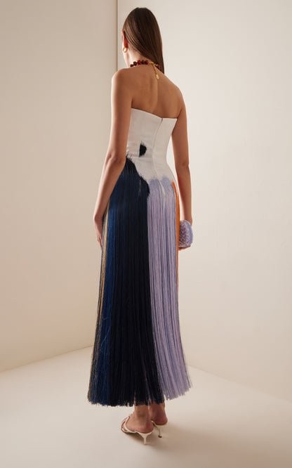Fringed Crepe Strapless Midi Dress