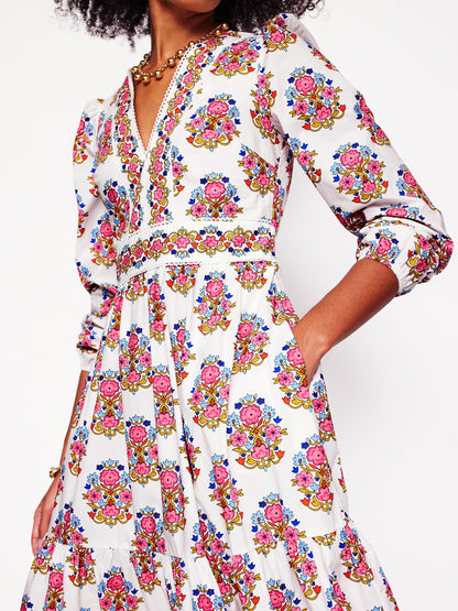 Printed V Neck Side Pockets Dress