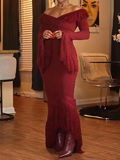 Deep V Neck Fringed Slit Hem Maxi Dress