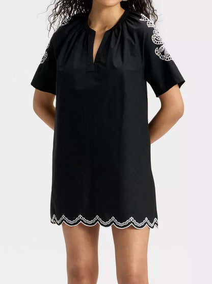 Split Neck Eyelet Mini A-Line Dress