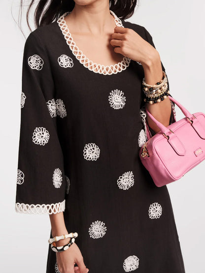 Scoop Neck Bell Sleeve Embroidered Dress