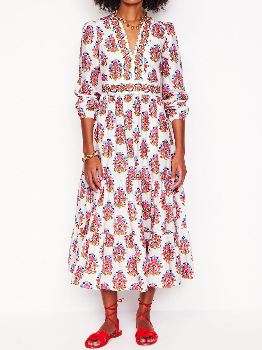 Printed V Neck Side Pockets Dress