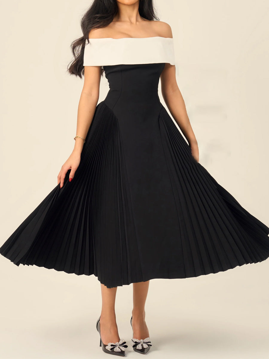 Off Shoulder Patchwork Pleated Dress
