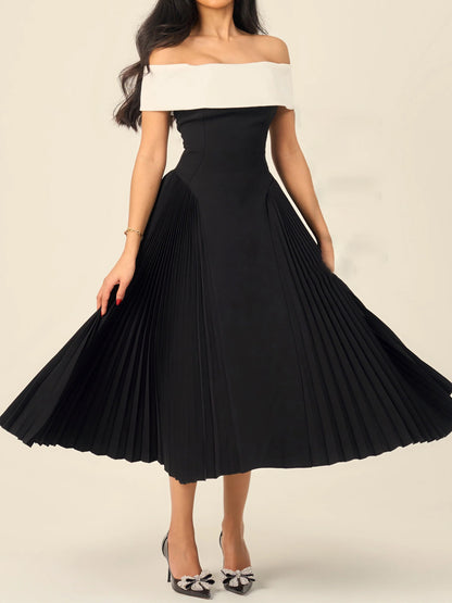 Off Shoulder Patchwork Pleated Dress