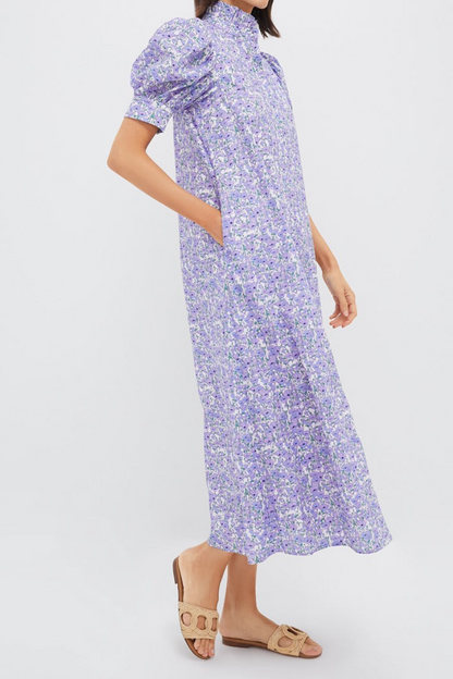Purple Poppies Ruffle Collar Cotton Maxi Dress