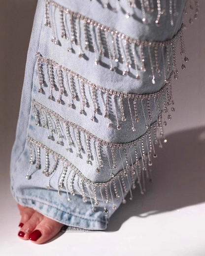 Rhinestones Fringe Straight Jeans