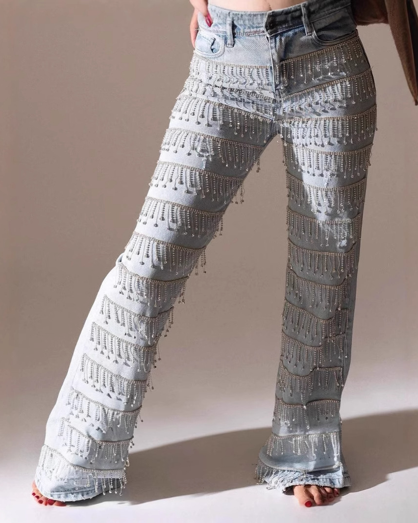 Rhinestones Fringe Straight Jeans