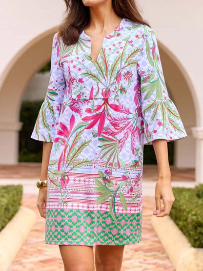 Split Neck Printed Flutter Sleeve Dress