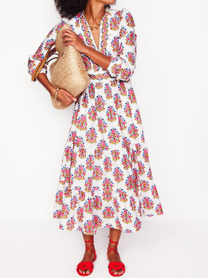 Printed V Neck Side Pockets Dress