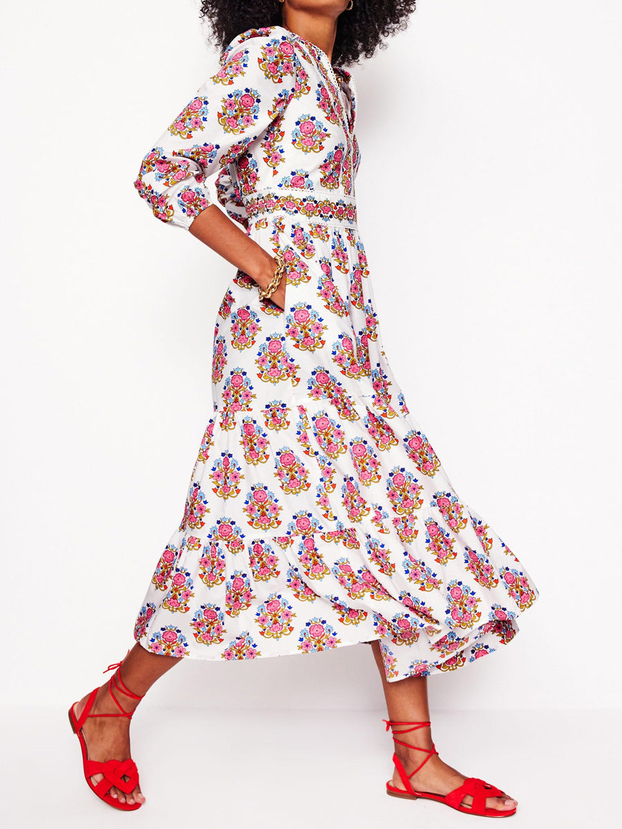 Printed V Neck Side Pockets Dress