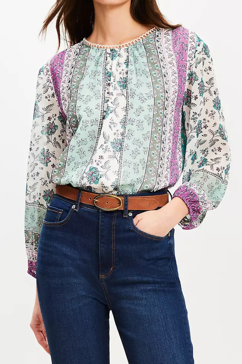 Floral Stripe Scalloped Neck Blouse