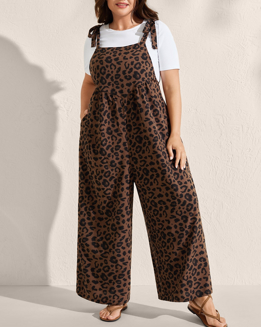 Leopard Print Shirred Shoulder Ties Jumpsuit