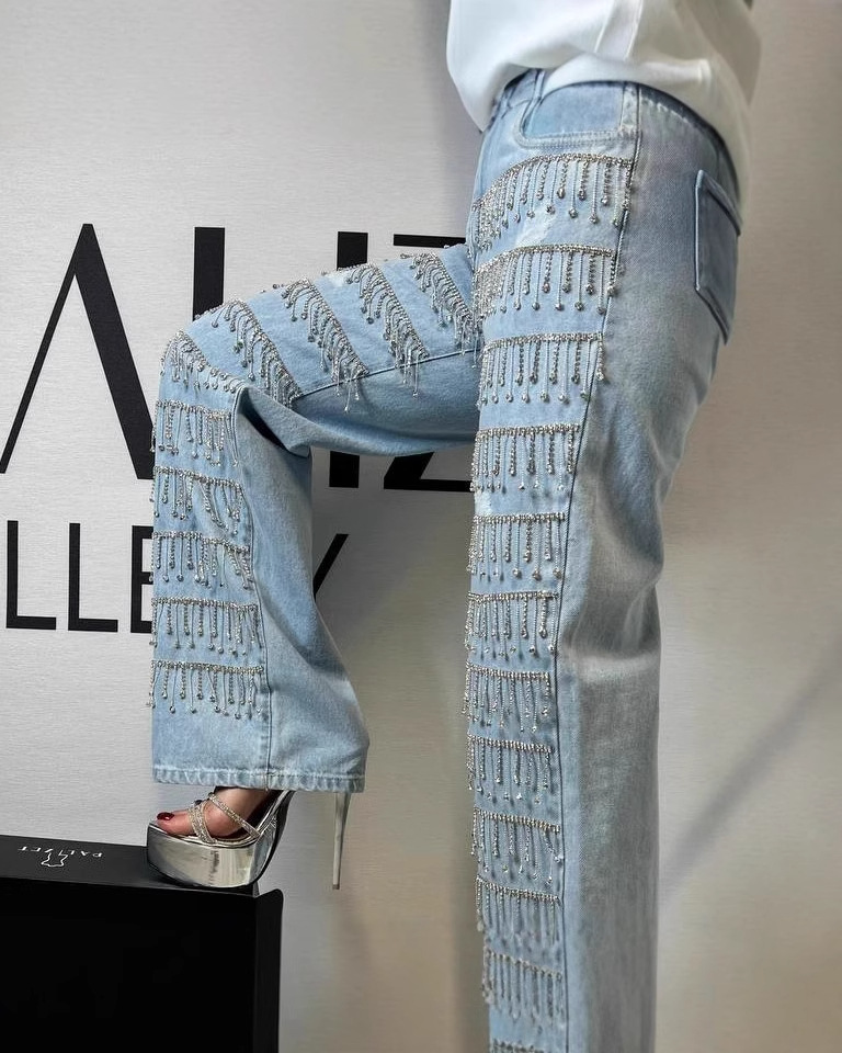 Rhinestones Fringe Straight Jeans