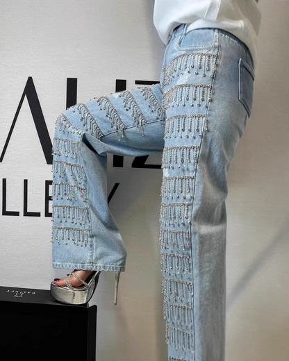 Rhinestones Fringe Straight Jeans