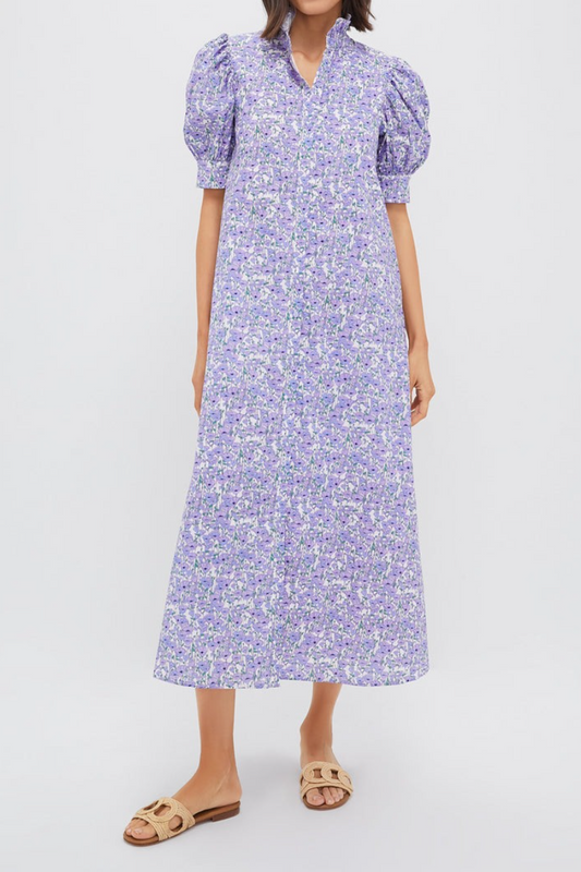 Purple Poppies Ruffle Collar Cotton Maxi Dress
