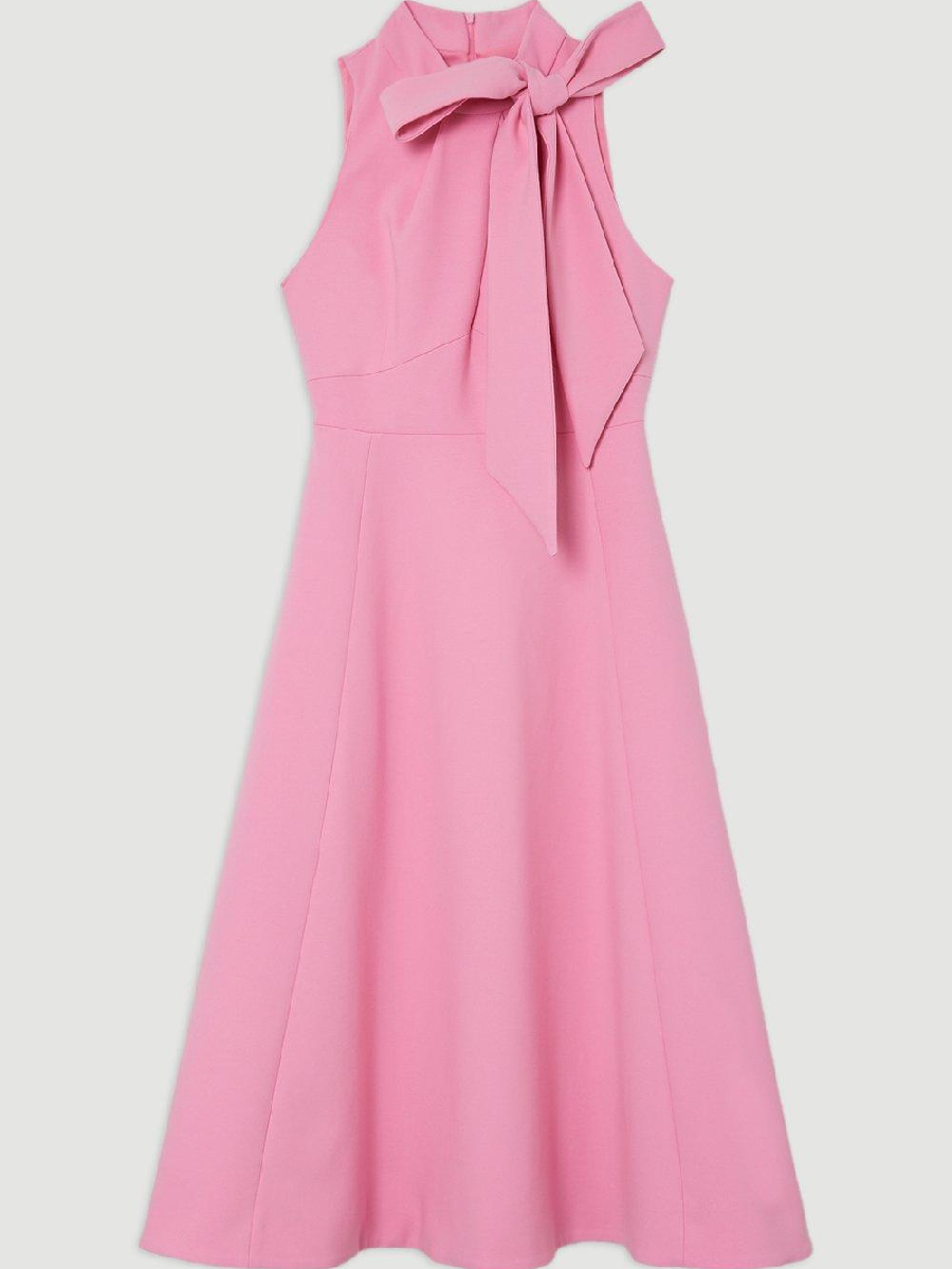 Compact Stretch Bow Tie Neck Full Skirted Midi Dress